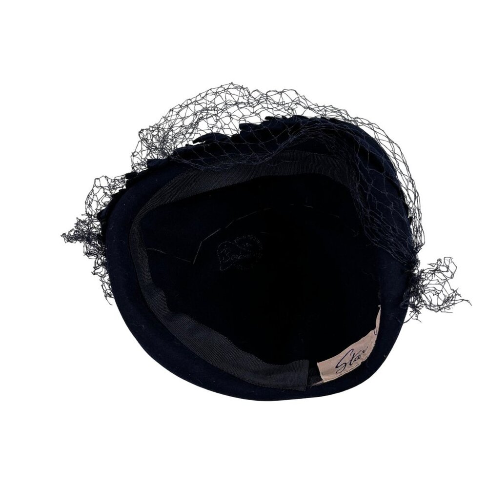 Vintage 50s Navy Hat Blue Veil Wool Scaled Calot Starling - Picture 9 of 11